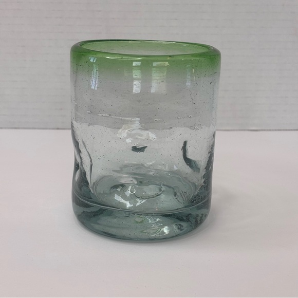 Azteca's Design Mexican Hand Blown Dimpled Drinking Glass Tumbler Clear/Green - Picture 2 of 11
